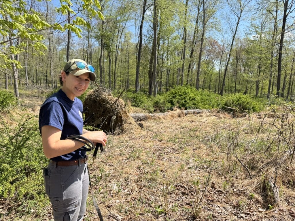 Researcher prepares trail camera for turkey tracking.